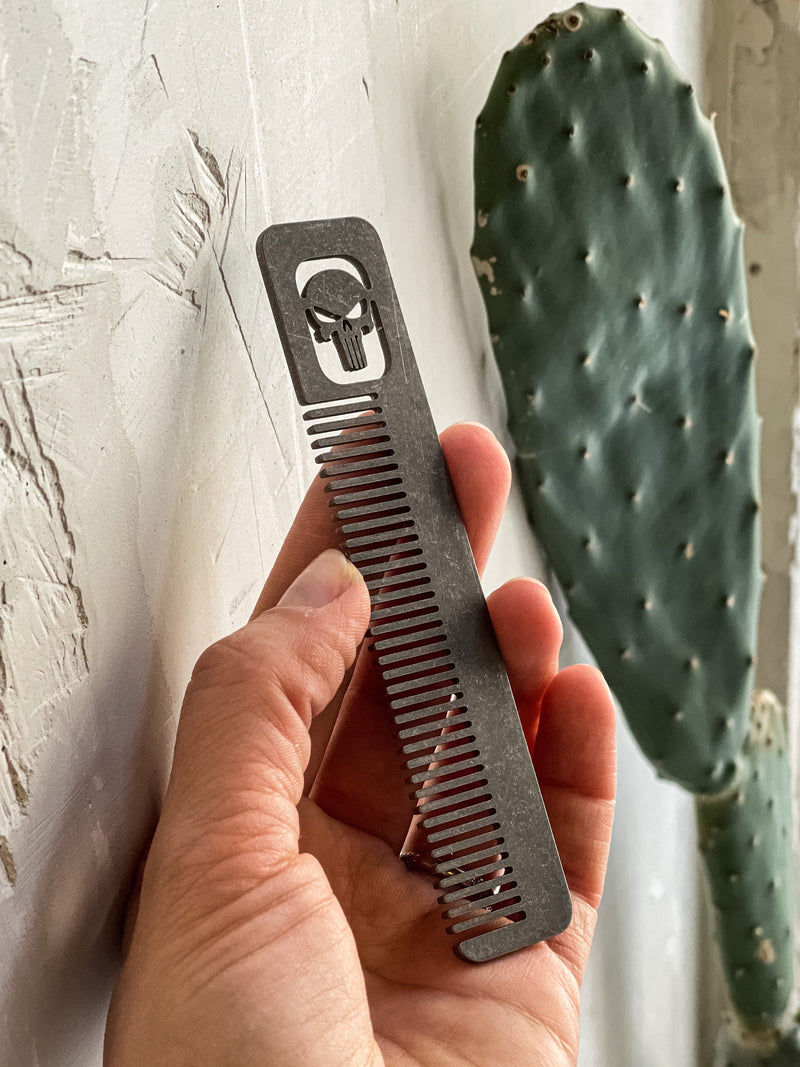 Load image into Gallery viewer, Titanium Punisher Comb Stonewashed, punisher, edc tool, tactical tool, edc, every day carry, hair comd, titanium edc, punisher custom