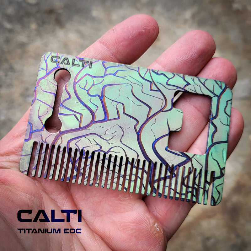 Load image into Gallery viewer, Titanium Custom Card Size Beard Comb from Calti, edc tool, tactical tool, edc, every day carry, titanium edc, tactical edc, beard comb, comb
