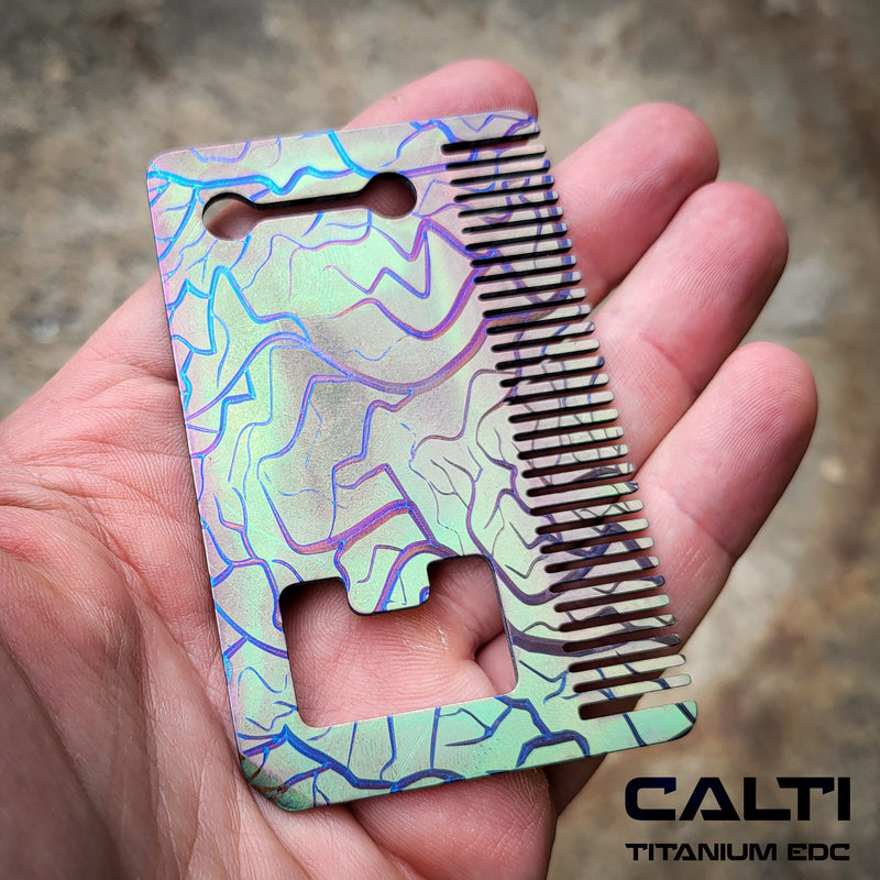 Load image into Gallery viewer, Titanium Custom Card Size Beard Comb from Calti, edc tool, tactical tool, edc, every day carry, titanium edc, tactical edc, beard comb, comb
