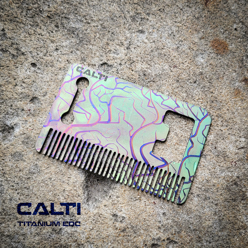 Load image into Gallery viewer, Titanium Custom Card Size Beard Comb from Calti, edc tool, tactical tool, edc, every day carry, titanium edc, tactical edc, beard comb, comb
