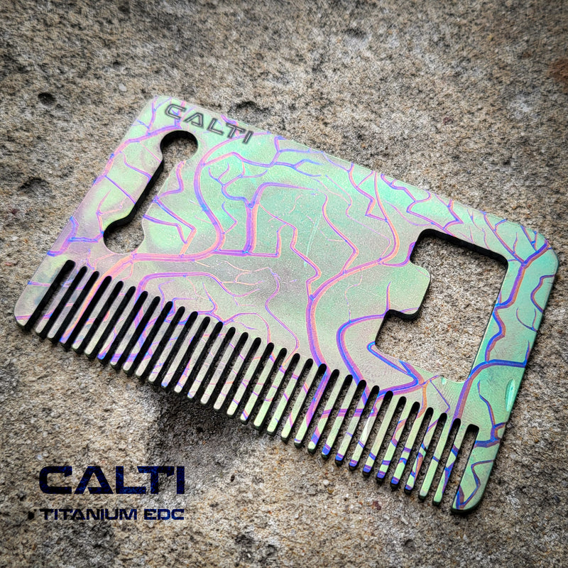 Load image into Gallery viewer, Titanium Custom Card Size Beard Comb from Calti, edc tool, tactical tool, edc, every day carry, titanium edc, tactical edc, beard comb, comb
