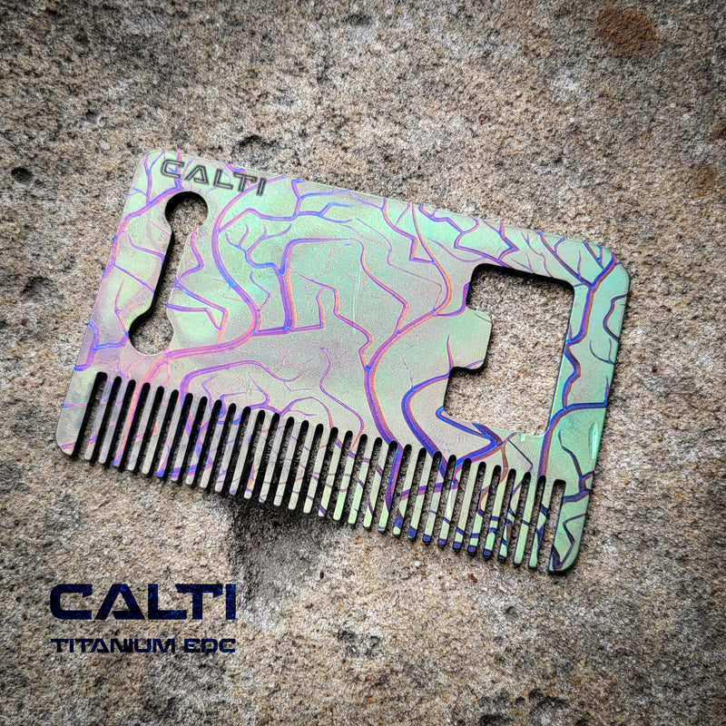 Load image into Gallery viewer, Titanium Custom Card Size Beard Comb from Calti, edc tool, tactical tool, edc, every day carry, titanium edc, tactical edc, beard comb, comb
