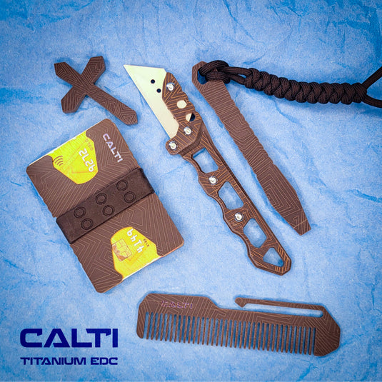 Ultimate Titanium EDC Collector’s Set – 5-Piece Tactical Gift Bundle: Utility Knife, RFID Wallet, Pocket Prybar, Hypoallergenic Cross & Grooming Comb