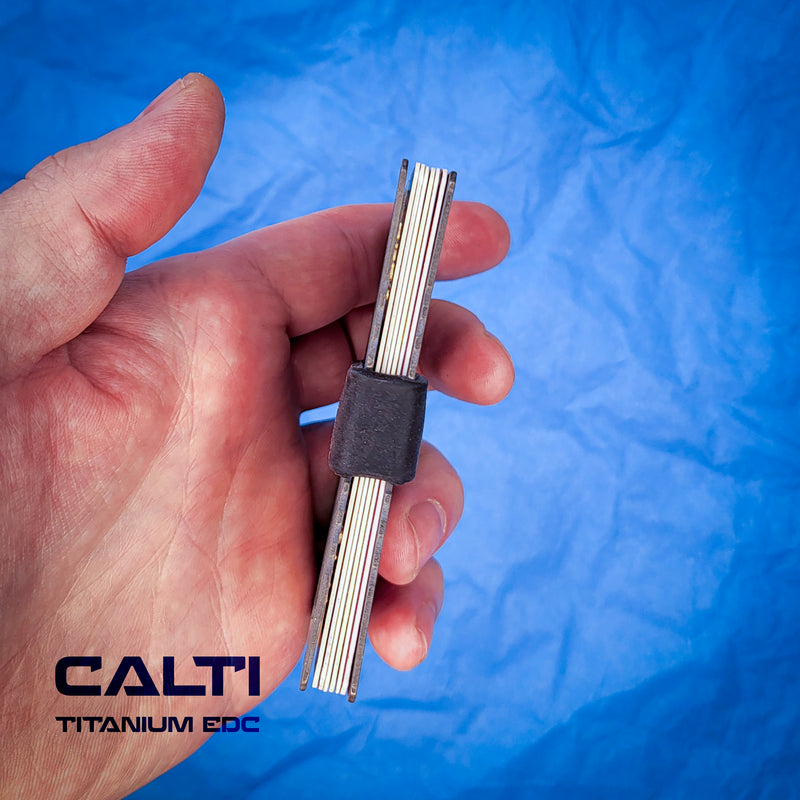 Load image into Gallery viewer, Ultimate Titanium EDC Collector’s Set – 5-Piece Tactical Gift Bundle: Utility Knife, RFID Wallet, Pocket Prybar, Hypoallergenic Cross &amp; Grooming Comb
