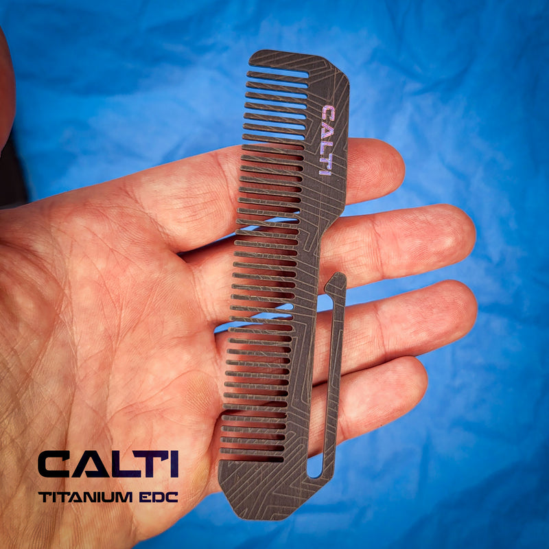 Load image into Gallery viewer, Titanium Black Comb from Calti with clip, edc tool, tactical tool, edc, every day carry, hair comd, titanium edc, tactical edc
