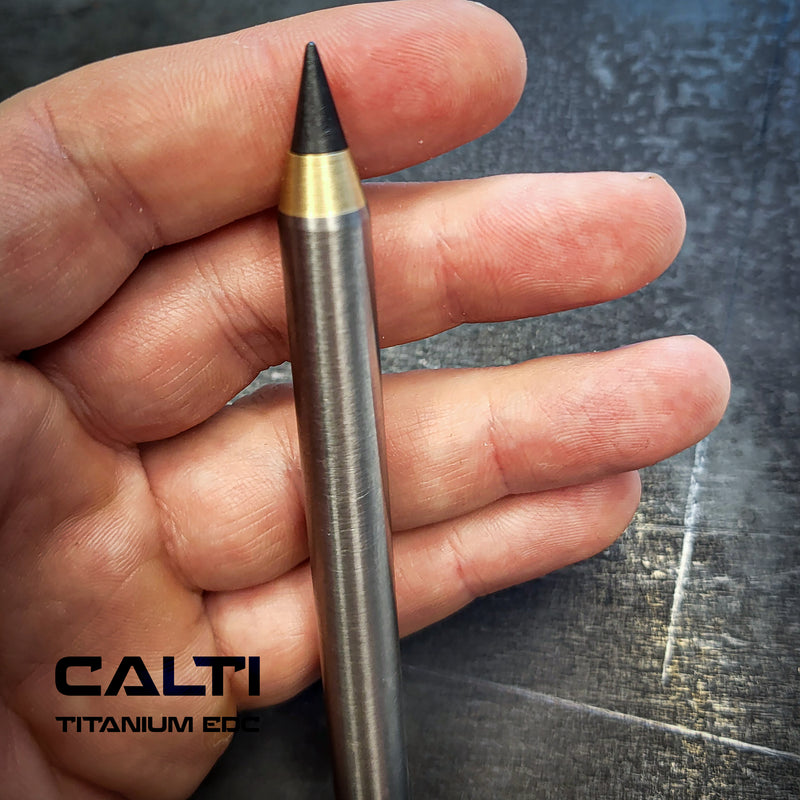Load image into Gallery viewer, Titanium &amp; Brass Eternal Pencil | Machined Metal Inkless Pen with Replaceable Nib | 115mm EDC Writing Tool
