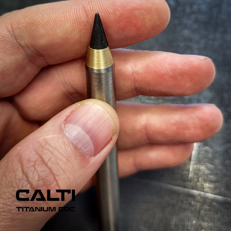 Load image into Gallery viewer, Titanium &amp; Brass Eternal Pencil | Machined Metal Inkless Pen with Replaceable Nib | 115mm EDC Writing Tool
