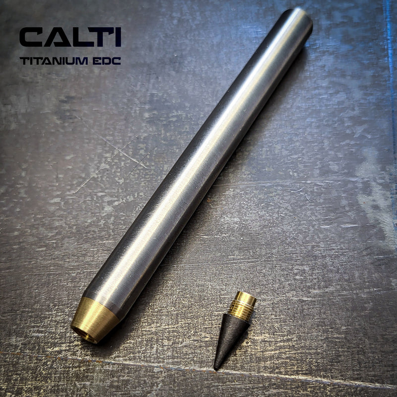 Load image into Gallery viewer, Titanium &amp; Brass Eternal Pencil | Machined Metal Inkless Pen with Replaceable Nib | 115mm EDC Writing Tool
